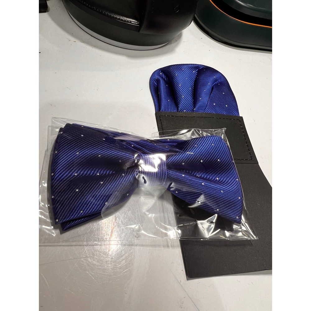 Blue with silver dots neck bow tie with pre assembled pocket square  #K13